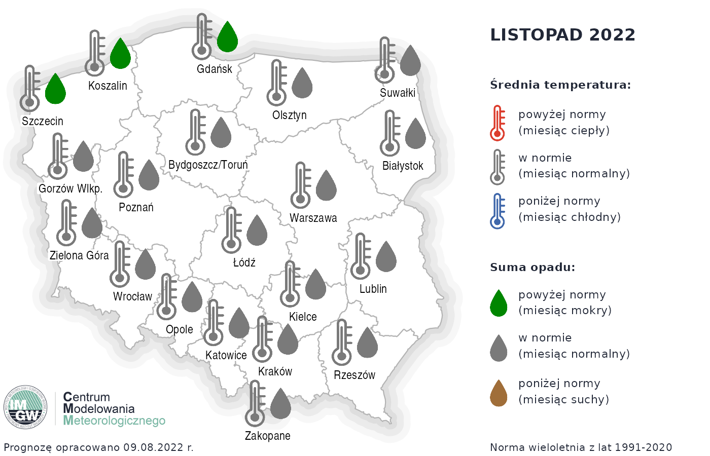Prognoza średniej miesięcznej temperatury powietrza i miesięcznej sumy opadów atmosferycznych na listopad 2022 r. dla wybranych miast w Polsce