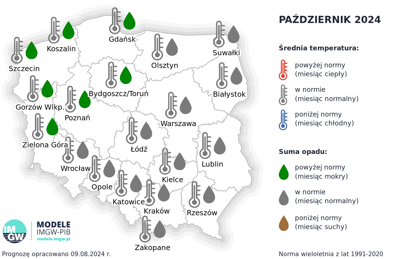 Rys.2. Prognoza średniej miesięcznej temperatury powietrza i miesięcznej sumy opadów atmosferycznych na październik 2024 r. dla wybranych miast w Polsce