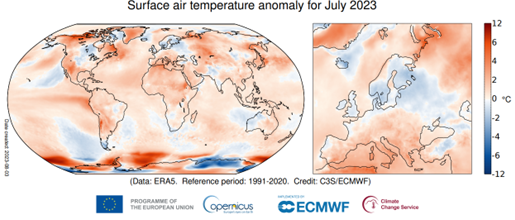 Anomalia temperatury powietrza przy powierzchni Ziemi w lipcu 2023 (względem okresu 1991-2020). Źródło danych: ERA5, Copernicus Climate Change Service/ECMWF.
