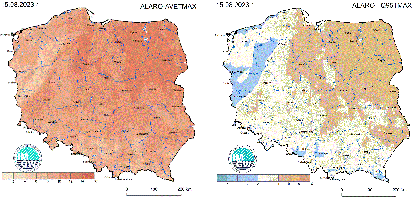 Anomalia prognozy TMAX (2023-08-15) względem notowanych charakterystyk wieloletnich (1991-2020): ALARO-AVETMAX – ALAROwartość średnia TMAX (po lewej), ALARO-Q95TMAX – ALARO-kwantyl 95% TMAX (po prawej).