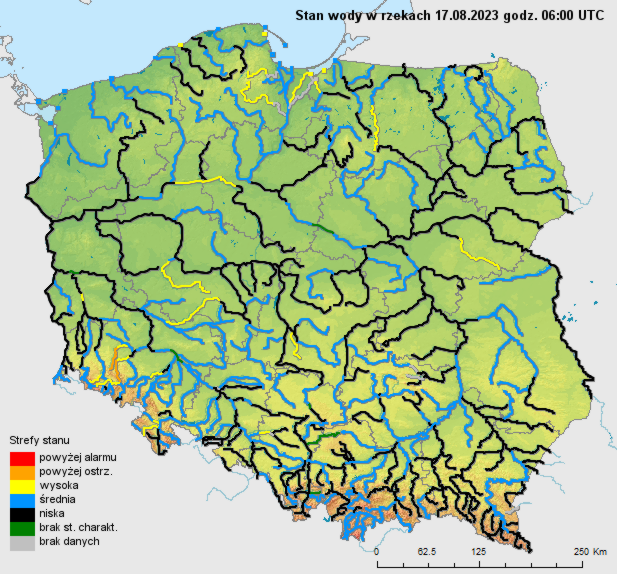 Stan wody na rzekach w Polsce 17.08.2023 r. godz. 8:00.