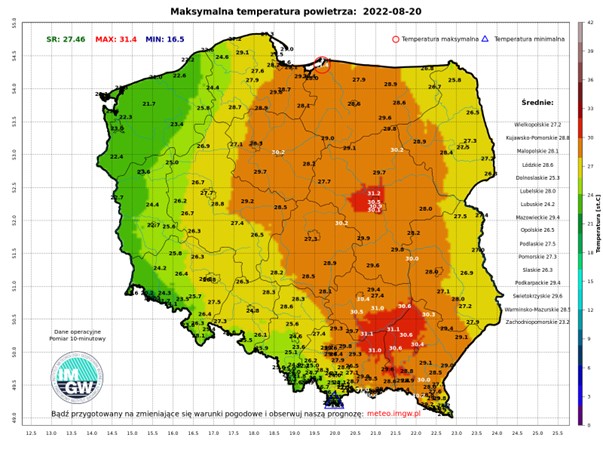 Różnica temperatury maksymalnej w Polsce 20.08.2022 r.