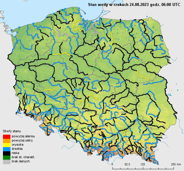 Stan wody na rzekach w Polsce 24.08.2023 r. godz. 8:00.