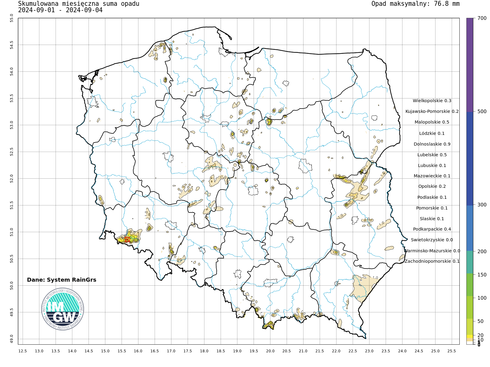 Suma skumulowanego opadu we wrześniu 2024.