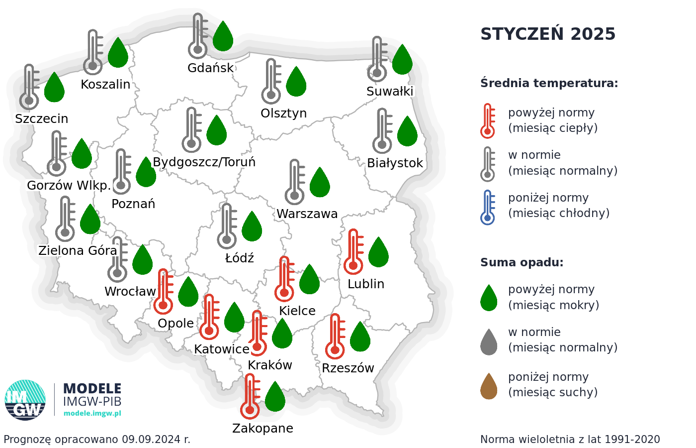 Rys. 4. Prognoza średniej miesięcznej temperatury powietrza i miesięcznej sumy opadów atmosferycznych na styczeń 2025 r. dla wybranych miast w Polsce