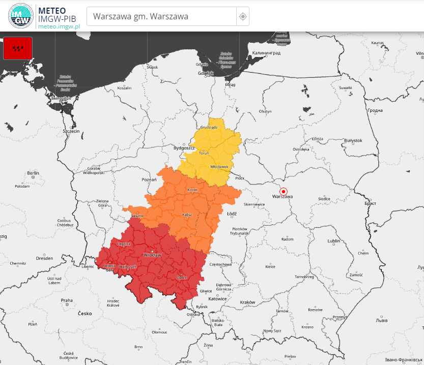 Ostrzeżenia meteorologiczne IMGW-PIB 1., 2. i 3. stopnia przed intensywnymi opadami deszczu.