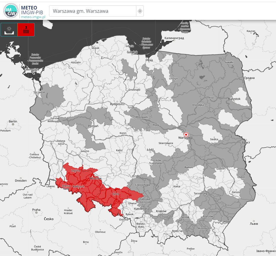 Ostrzeżenie hydrologiczne IMGW-PIB 3. stopnia przed wezbraniem z przekroczeniem stanów alarmowych.