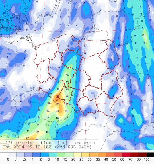 12 h suma opadów na godzinę 18 UTC (21:00 ) w czwartek, model GFS.