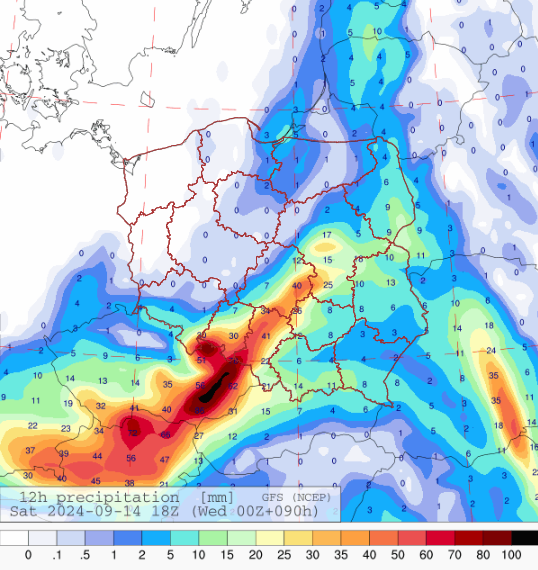 12 h suma opadów na godzinę 18 UTC (20:00) w sobotę, model GFS.