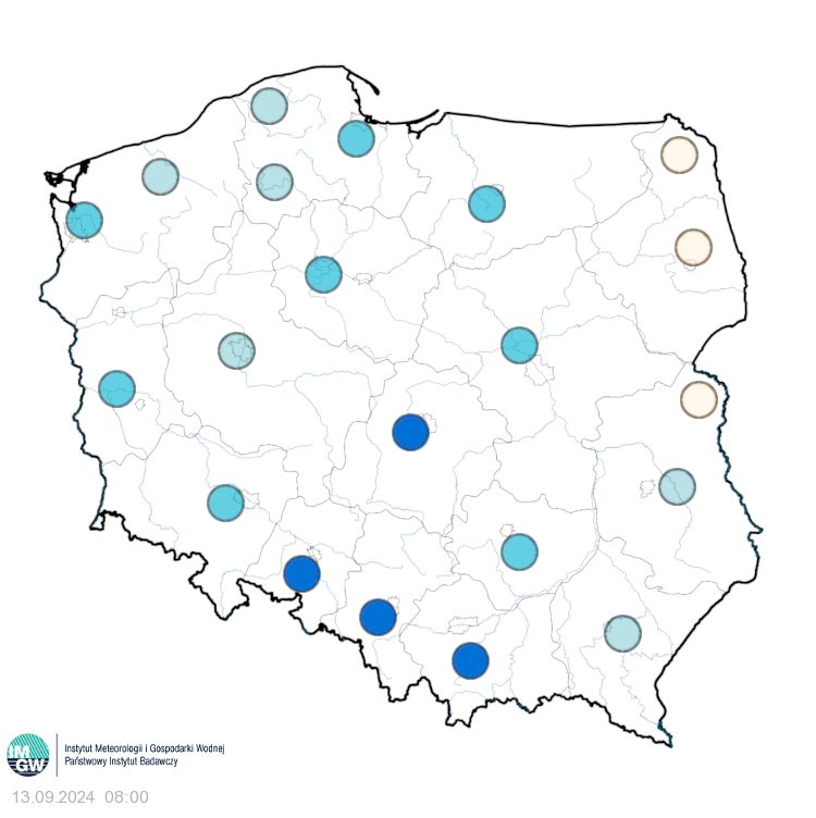 Prognozowana subiektywne odczucie termiczne w dn. 13.09.2024 r. o godz. 8:00, 14:00 i 20:00