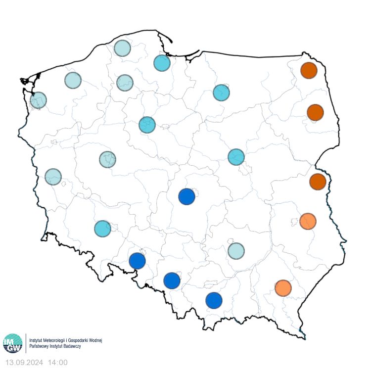 Prognozowana subiektywne odczucie termiczne w dn. 13.09.2024 r. o godz. 8:00, 14:00 i 20:00