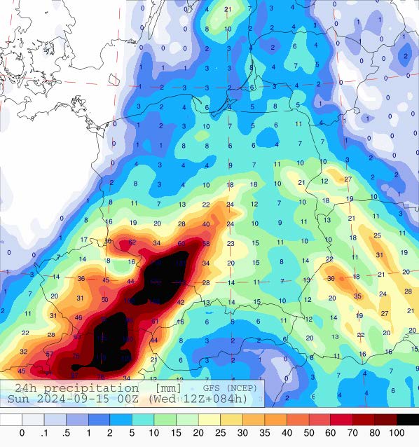 Prognozowana suma opadów na sobotę (14.09.2024) wg wyników modeli GFS