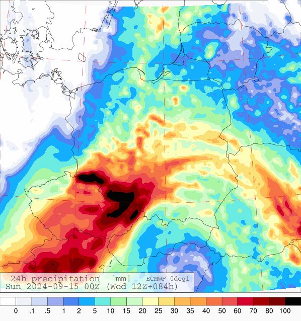 Prognozowana suma opadów na sobotę (14.09.2024) wg wyników modeli ECMWF