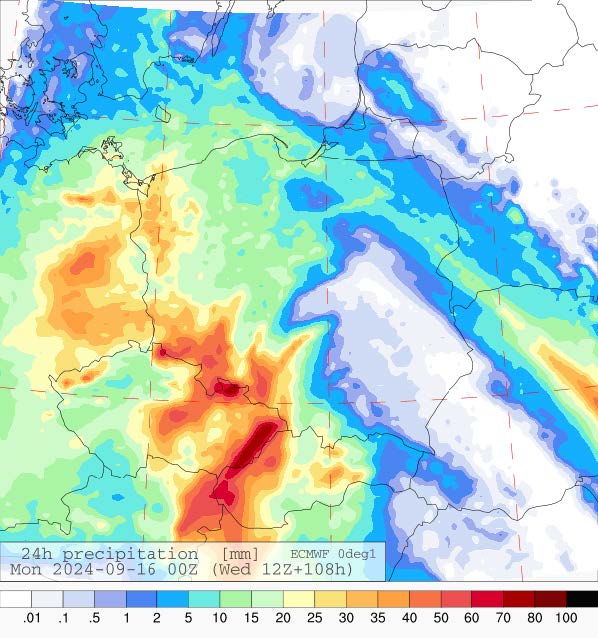 Dobowa suma opadów na niedzielę (15.09.2024) wg wyników modelu ECMWF.