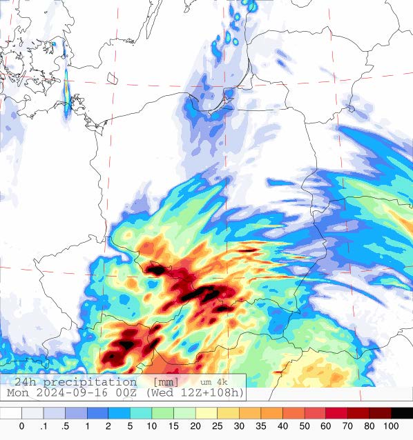 Dobowa suma opadów na niedzielę (15.09.2024) wg wyników modelu UMPL.