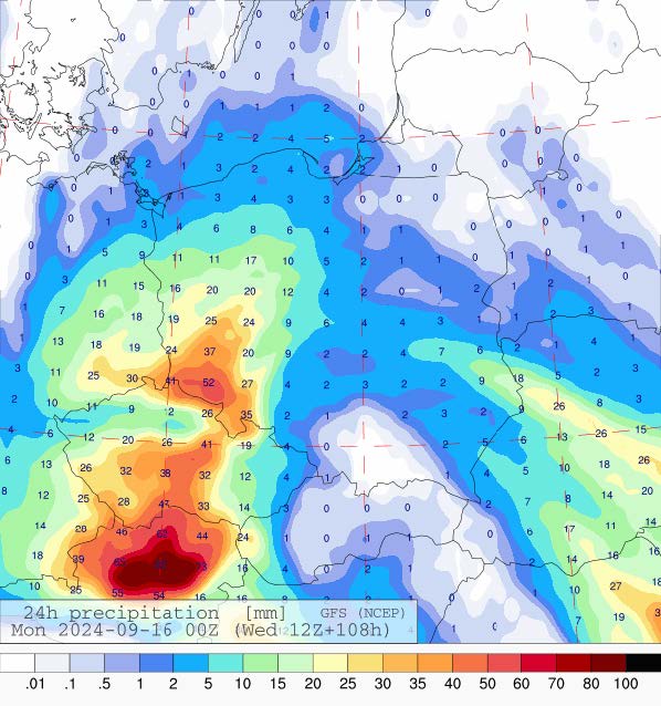 Dobowa suma opadów na niedzielę (15.09.2024) wg wyników modelu GFS.