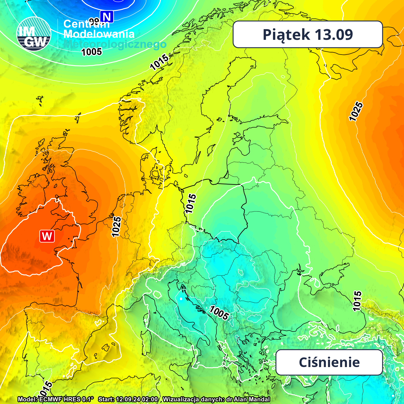 Prognozowane ciśnienie atmosferyczne na dzień 13.09.2024 godz. Wyniki modelu ECMWF HRES 0.1°.