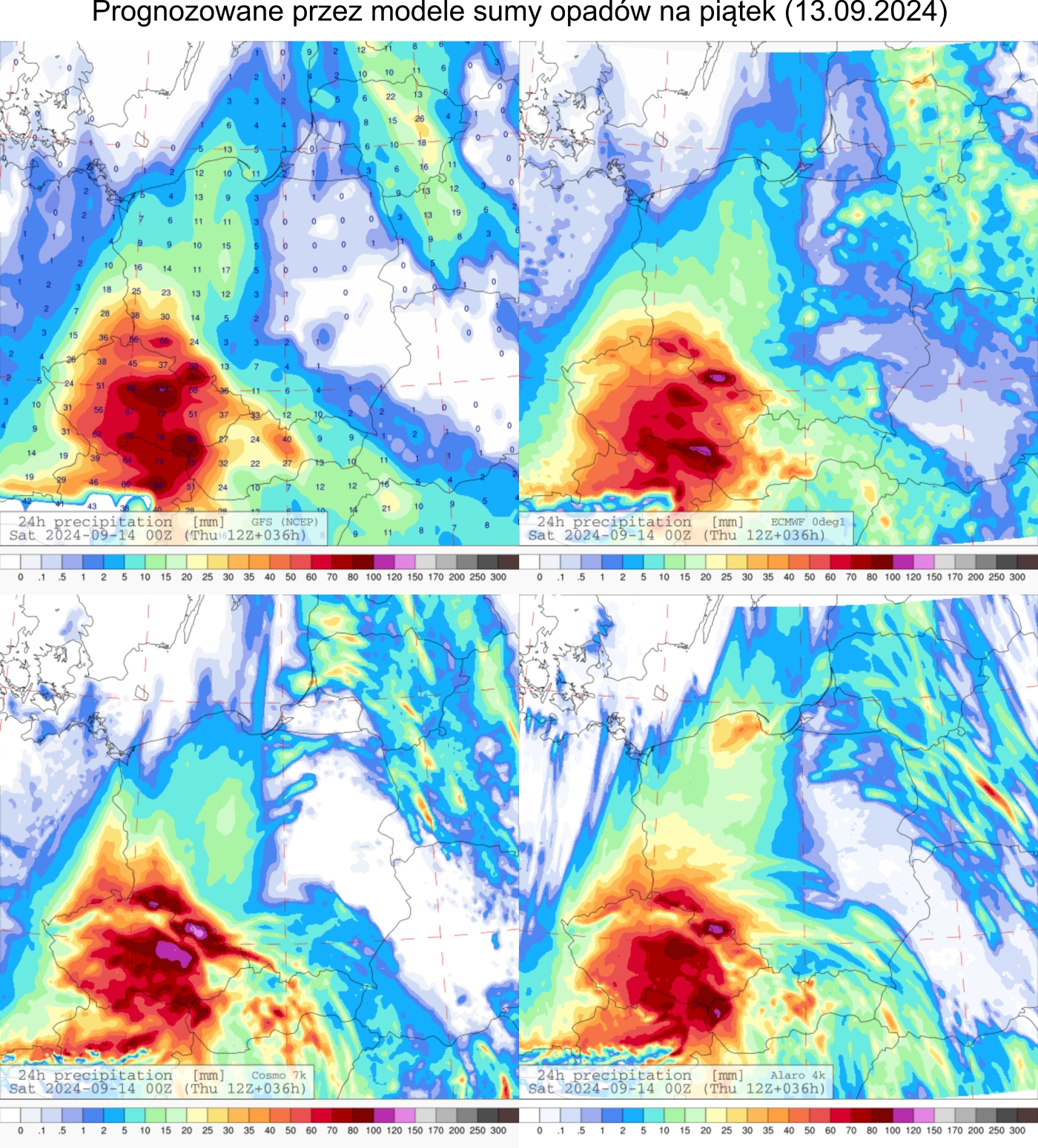 Prognozowana dobowa suma opadów na piątek (13.09.2024) wg wyników modeli GFS 0.25°, ECMWF 0.1°, COSMO 7 km i Alaro 4 km.