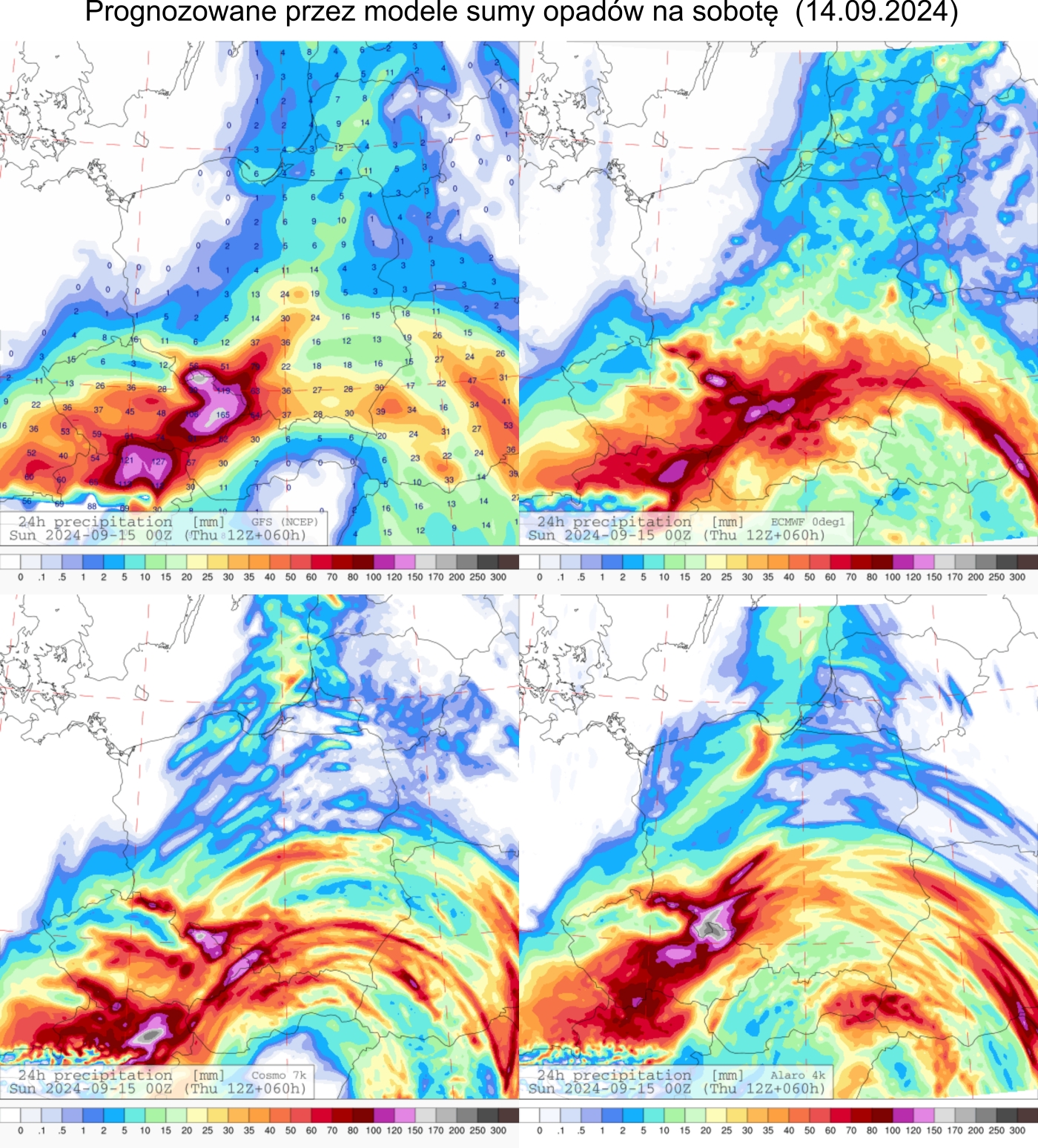 Prognozowana dobowa suma opadów na sobotę (14.09.2024) wg wyników modeli GFS 0.25°, ECMWF 0.1°, COSMO 7 km i Alaro 4 km. W