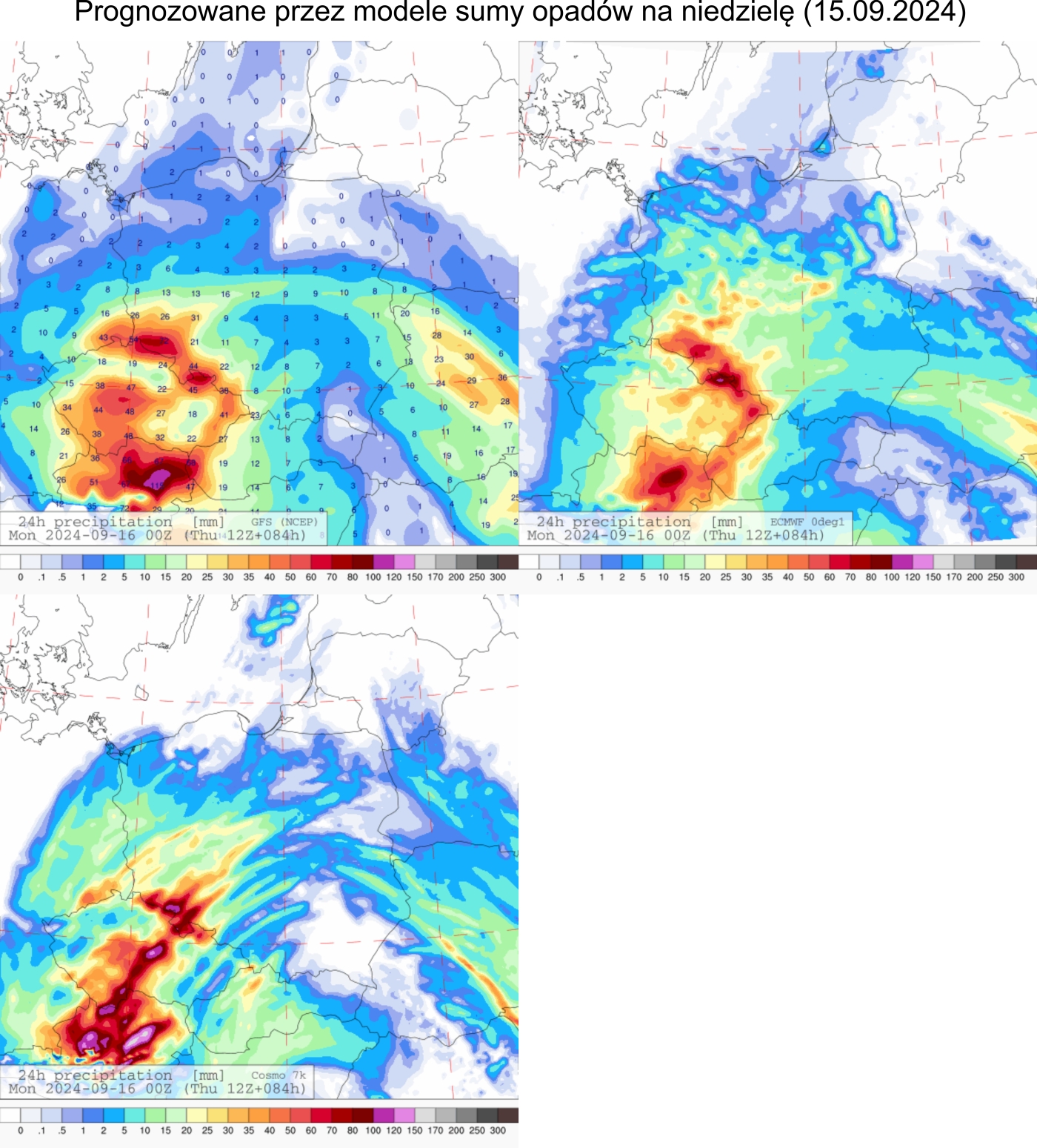 Prognozowana dobowa suma opadów na niedzielę (15.09.2024) wg wyników modeli GFS 0.25°, ECMWF 0.1° i COSMO 7 km.