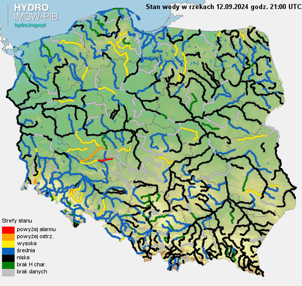 Aktualna sytuacja hydrologiczna 12.09.2024 (21 UTC). Źródło: IMGW-PIB