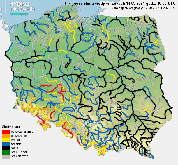 Prognozowana sytuacja hydrologiczna 14.09.2024 r. (18 UTC)