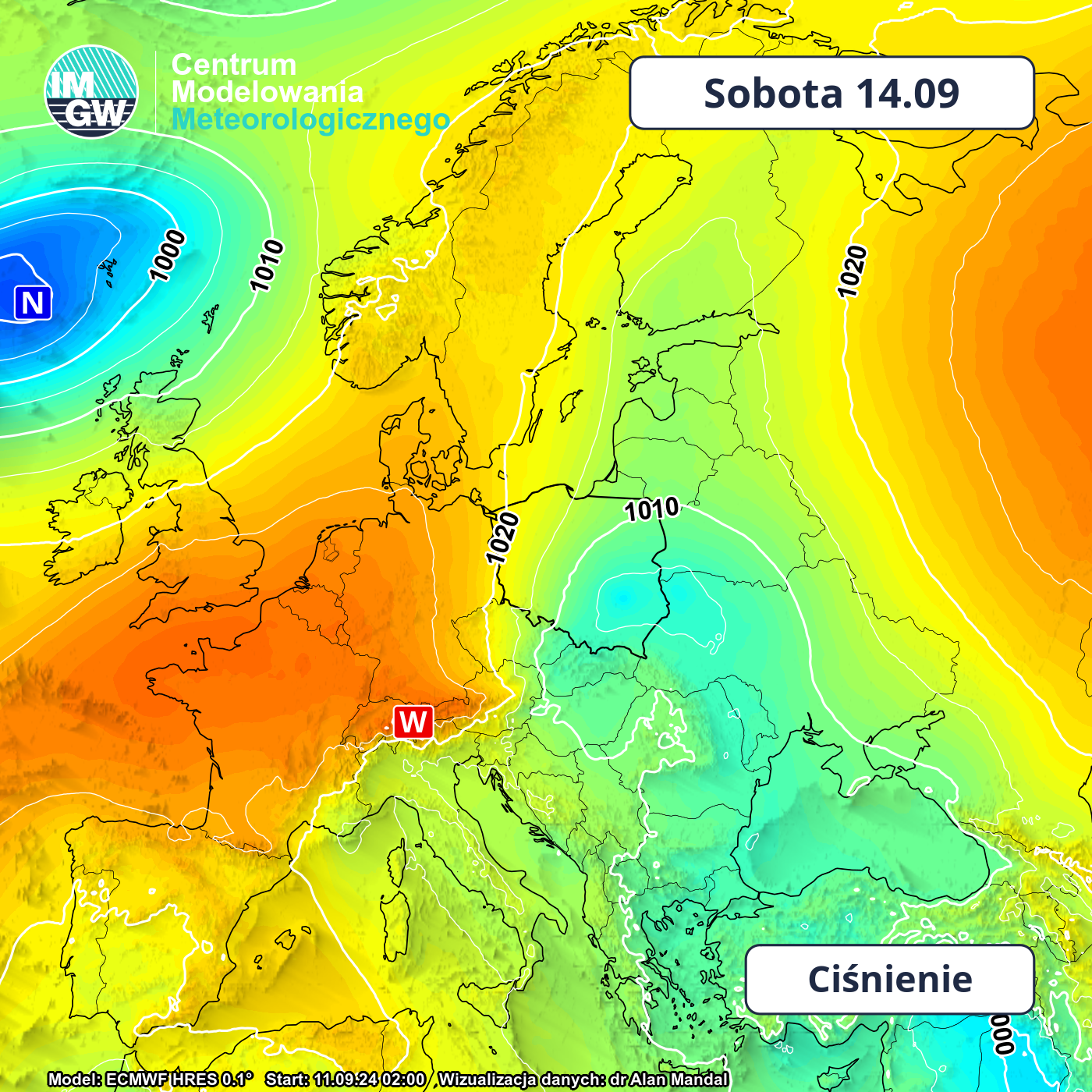 Prognozowane ciśnienie atmosferyczne na dzień 14.09.2024. Prognoza modelu ECMWF HRES 0.1°. Wizualizacja danych: IMGW-PIB