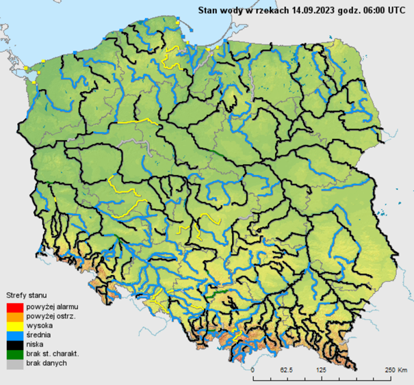 Stan wody na rzekach w Polsce 14.09.2023 r. godz. 8:00.