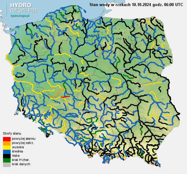 Stan wody na rzekach w Polsce 10.10.2024 r. godz. 8:00.