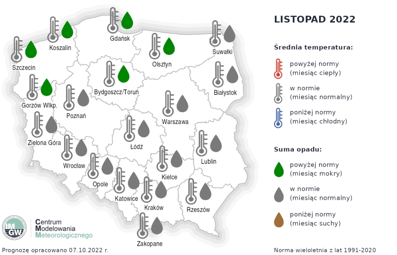 Rys. 1. Prognoza średniej miesięcznej temperatury powietrza i miesięcznej sumy opadów atmosferycznych na listopad 2022 r. dla wybranych miast w Polsce