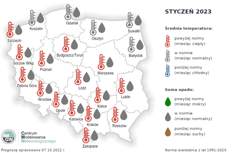 Rys. 3. Prognoza średniej miesięcznej temperatury powietrza i miesięcznej sumy opadów atmosferycznych na styczeń 2023 r. dla wybranych miast w Polsce