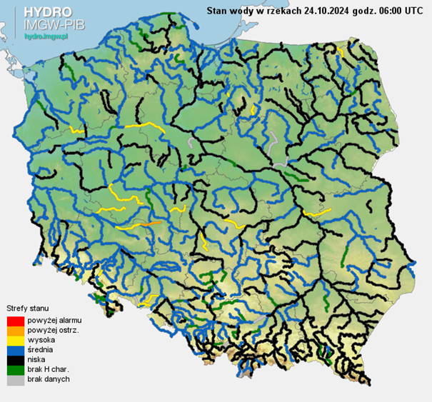  Stan wody na rzekach w Polsce 24.10.2024 r. godz. 8:00