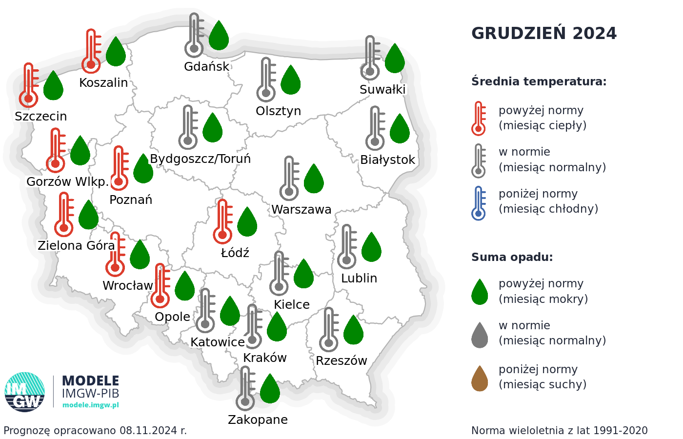 Rys. 1. Prognoza średniej miesięcznej temperatury powietrza i miesięcznej sumy opadów atmosferycznych na grudzień 2024 r. dla wybranych miast w Polsce