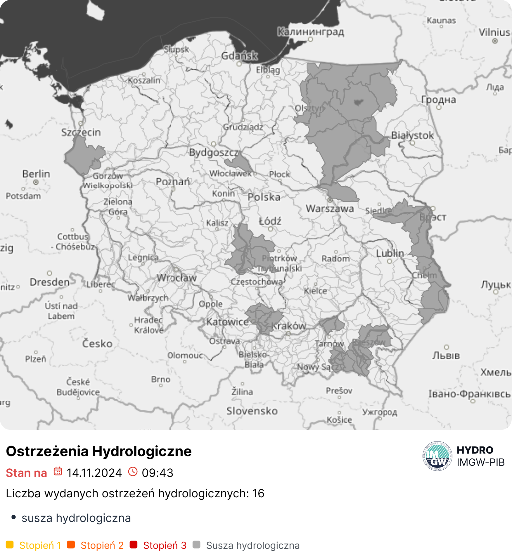 Ostrzeżenia hydrologiczne na dzień 14.11.2024 r.