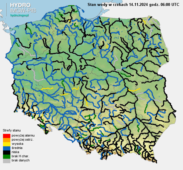 Stan wody na rzekach w Polsce 14.11.2024 r. godz. 7:00.