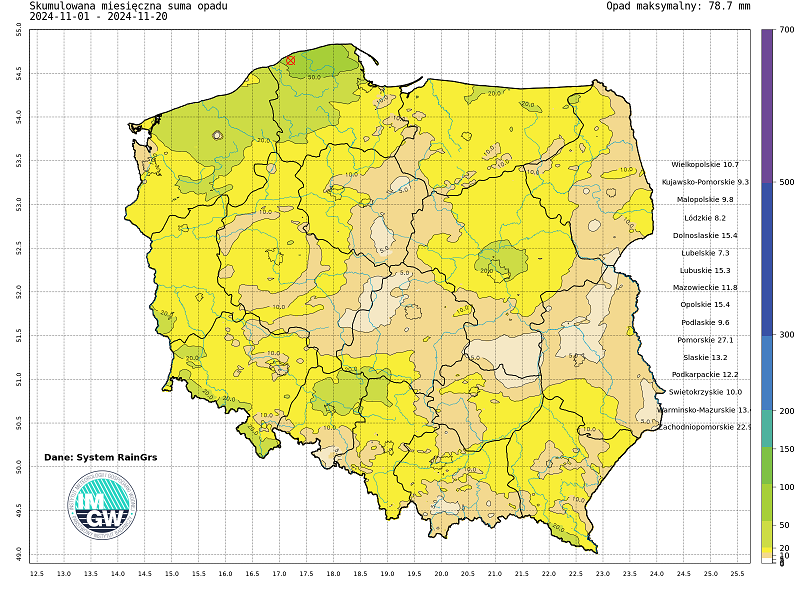 Suma skumulowanego opadu od początku listopada 2024.