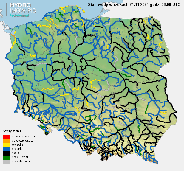 Stan wody na rzekach w Polsce 21.11.2024 r. godz. 7:00.