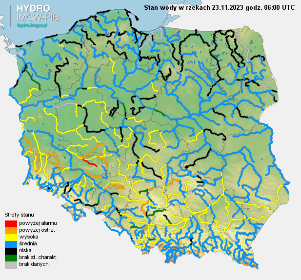 Stan wody na rzekach w Polsce 23.11.2023 r. godz. 7:00.