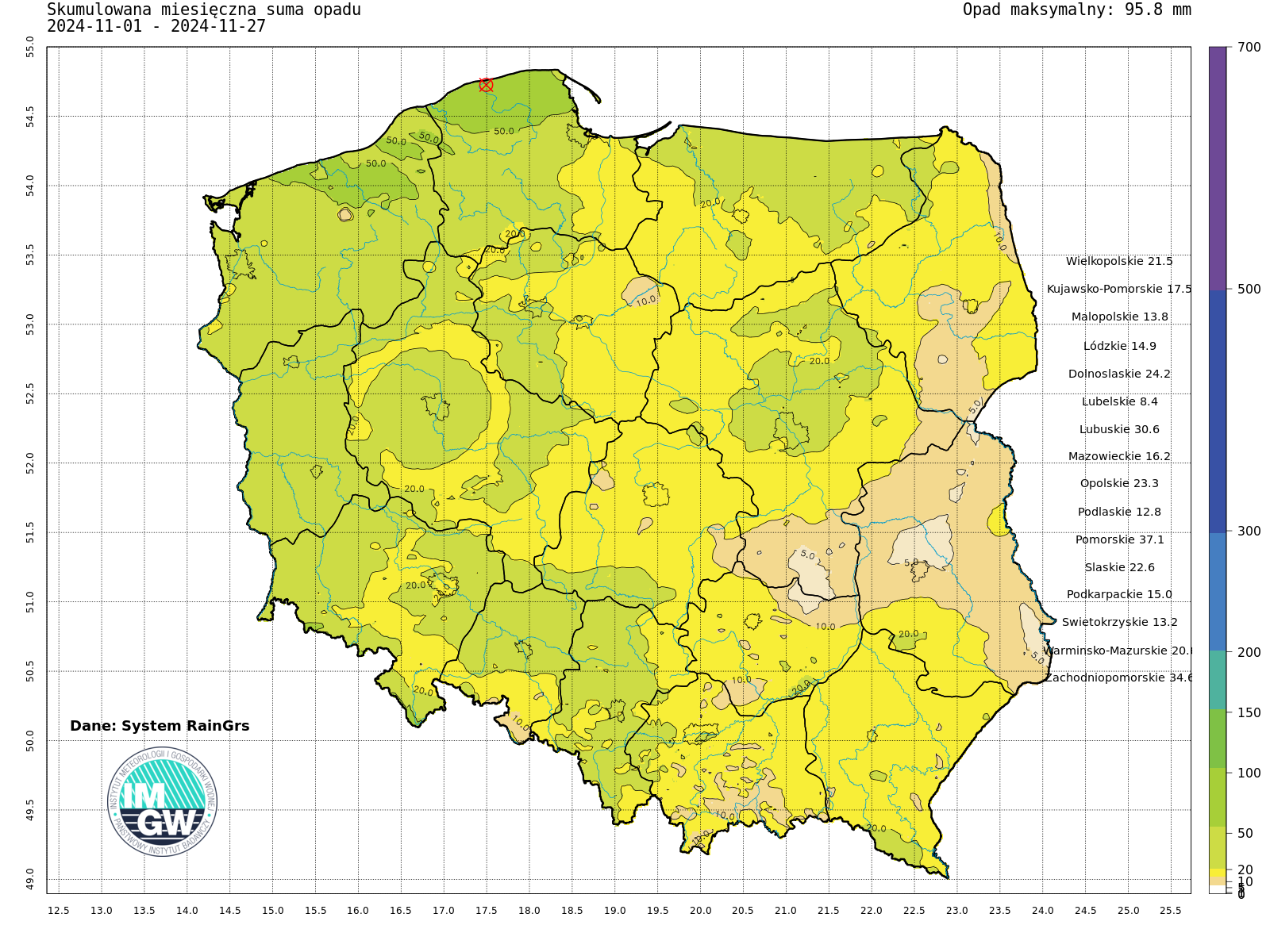 Suma skumulowanego opadu od początku listopada 2024.