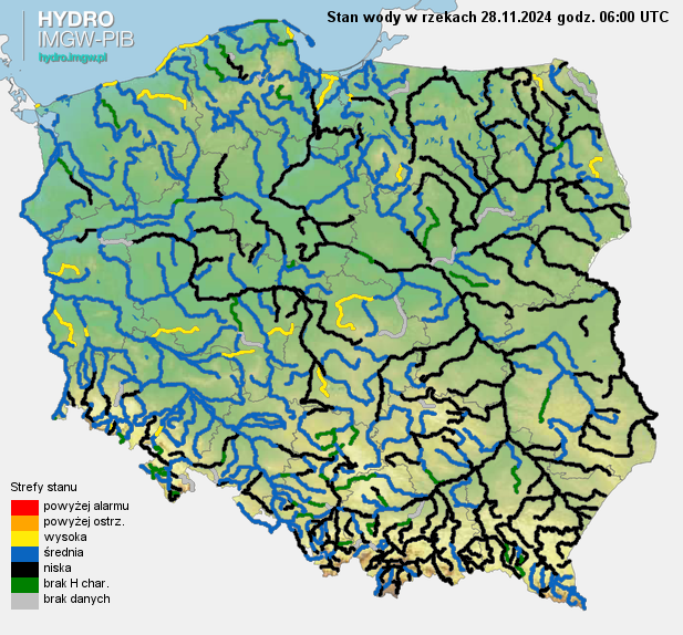 Stan wody na rzekach w Polsce 28.11.2024 r. godz. 7:00.
