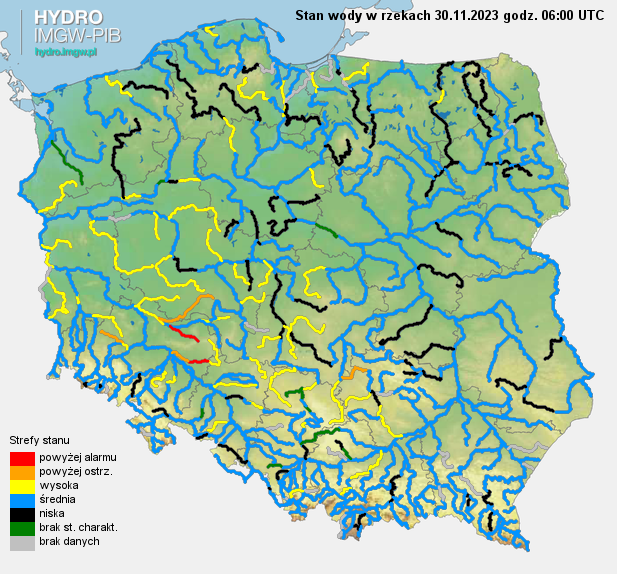 Stan wody na rzekach w Polsce 30.11.2023 r. godz. 7:00.