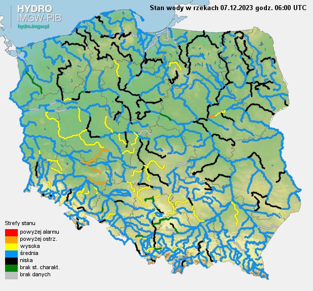 Stan wody na rzekach w Polsce 07.12.2023 r. godz. 7:00.