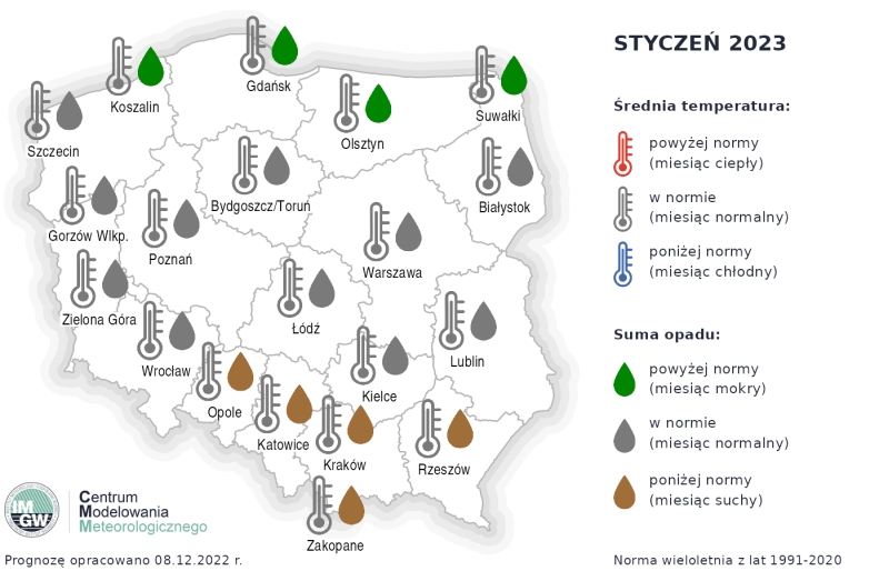 Rys. 1. Prognoza średniej miesięcznej temperatury powietrza i miesięcznej sumy opadów atmosferycznych na styczeń 2023 r. dla wybranych miast w Polsce