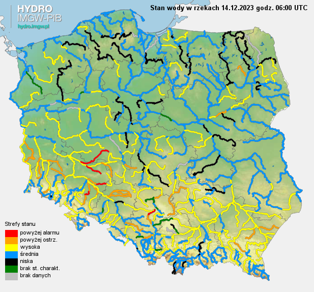 Stan wody na rzekach w Polsce 14.12.2023 r. godz. 7:00.