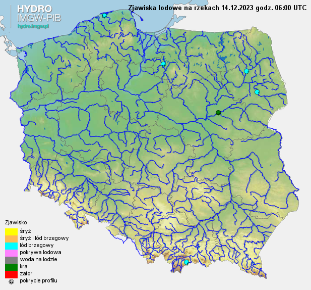 Zjawiska lodowe na rzekach w Polsce 14.12.2023 r. godz. 7:00.
