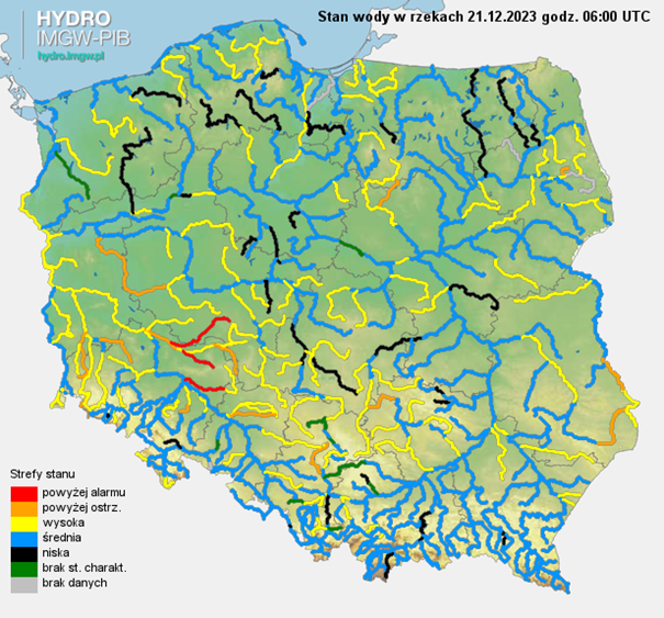 Stan wody na rzekach w Polsce 21.12.2023 r. godz. 7:00.