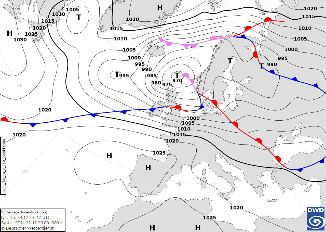 Prognozowana sytuacja baryczna w Europie w niedzielę (24 grudnia 2023 r.). Źródło: DWD.