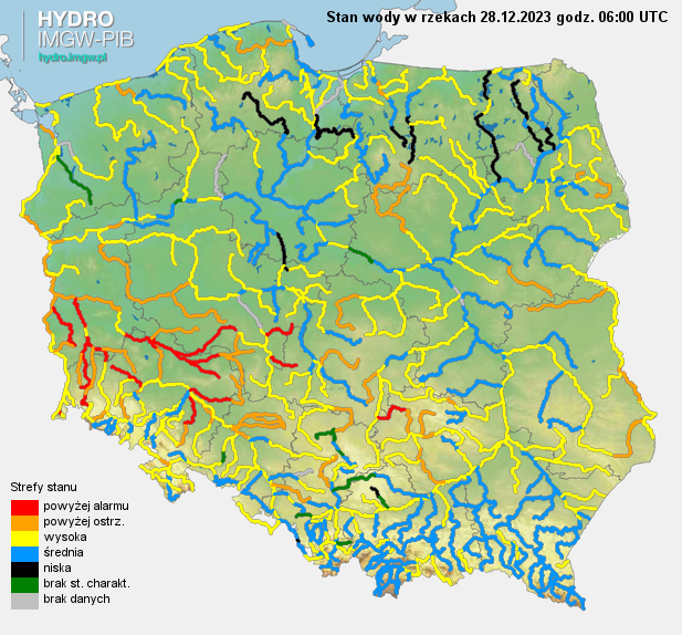 Stan wody na rzekach w Polsce 28.12.2023 r. godz. 7:00.