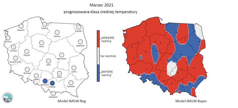 Rys. 3. Prognozowana klasa średniej miesięcznej temperatury powietrza w marcu 2021 r. według modelu IMGW-Reg i IMGW-Bayes