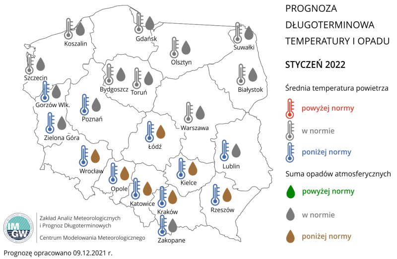 Prognoza średniej miesięcznej temperatury powietrza i miesięcznej sumy opadów atmosferycznych na styczeń 2022 r. dla wybranych miast w Polsce.